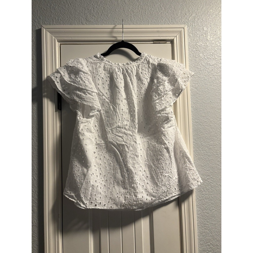 1.STATE Eyelet Blouse Women Large White Flutter Sleeve V-Neck Ruffle Tie Top - Picture 6 of 6